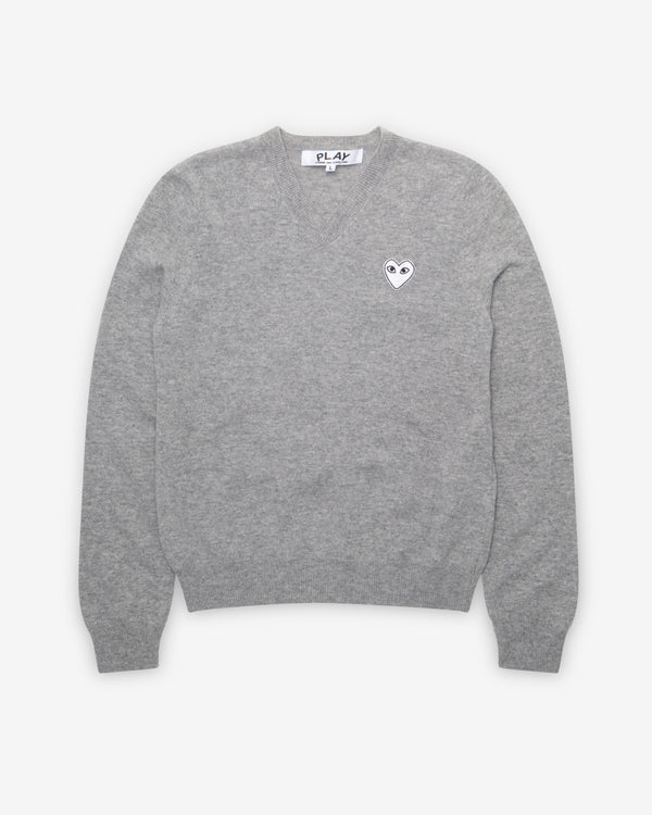 Play Comme des Garçons - White Heart V-Neck Sweater - (Light Grey)