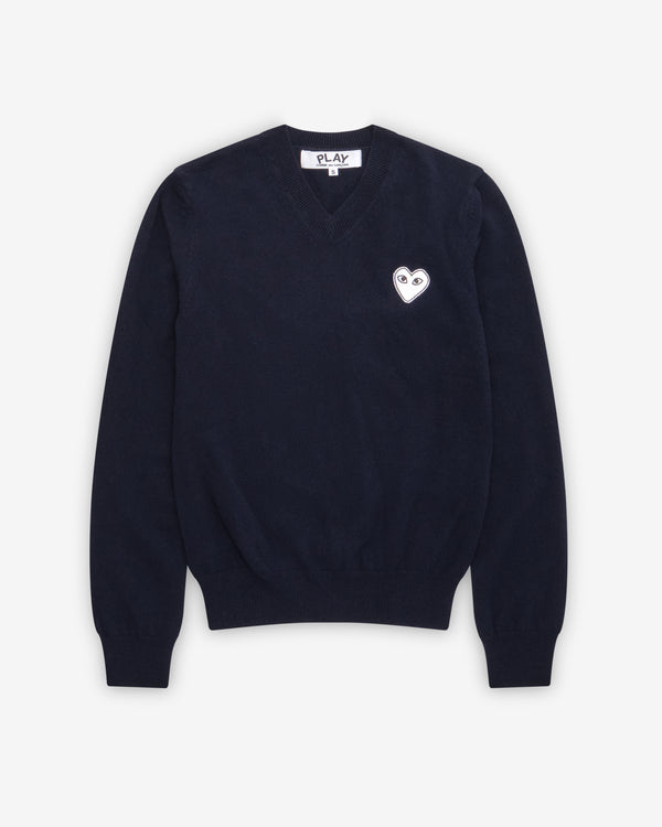 Play Comme des Garçons -  White Heart V-Neck Sweater - (Navy)