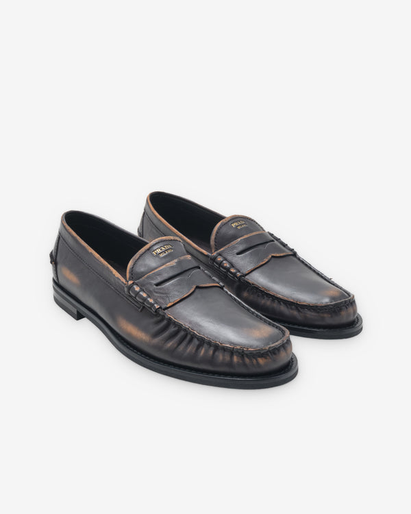 Prada - Men's Antiqued Leather Loafers - (Black/Tan)