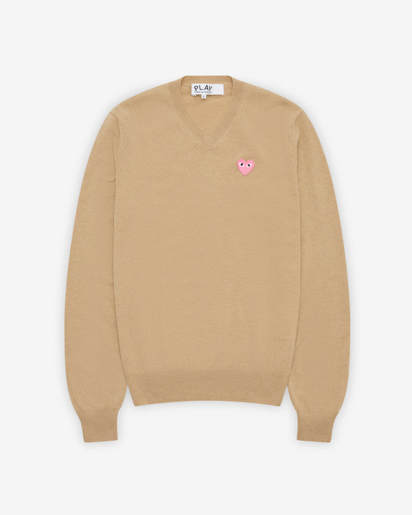 Play - Small Pink Heart V-Neck Sweater - (Camel)