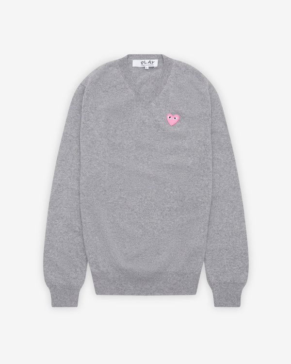 Play - Small Pink Heart V-Neck Sweater - (Light Grey)