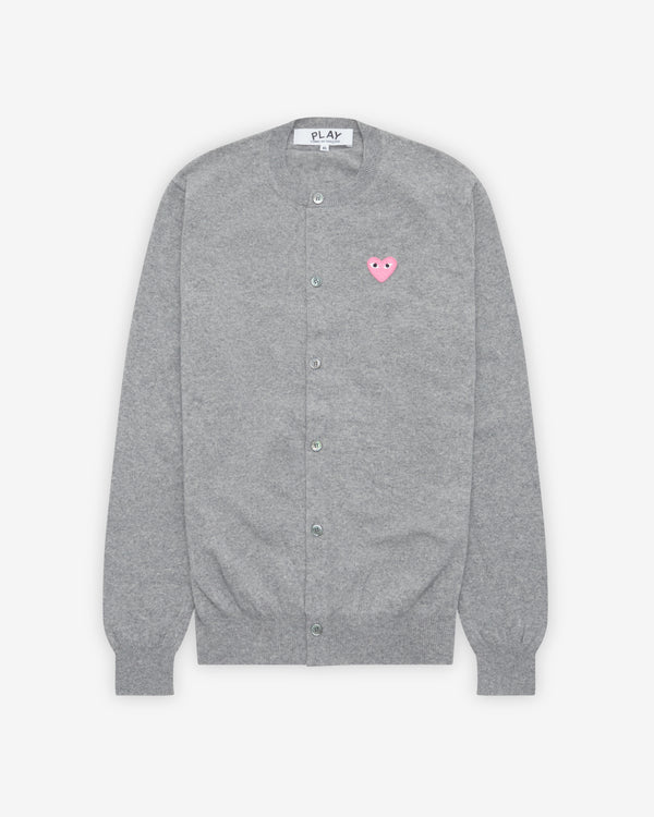Play - Small Pink Heart Round Neck Cardigan - (Light Grey)