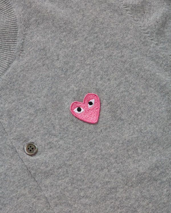 Play - Small Pink Heart V-Neck Cardigan - (Light Grey)