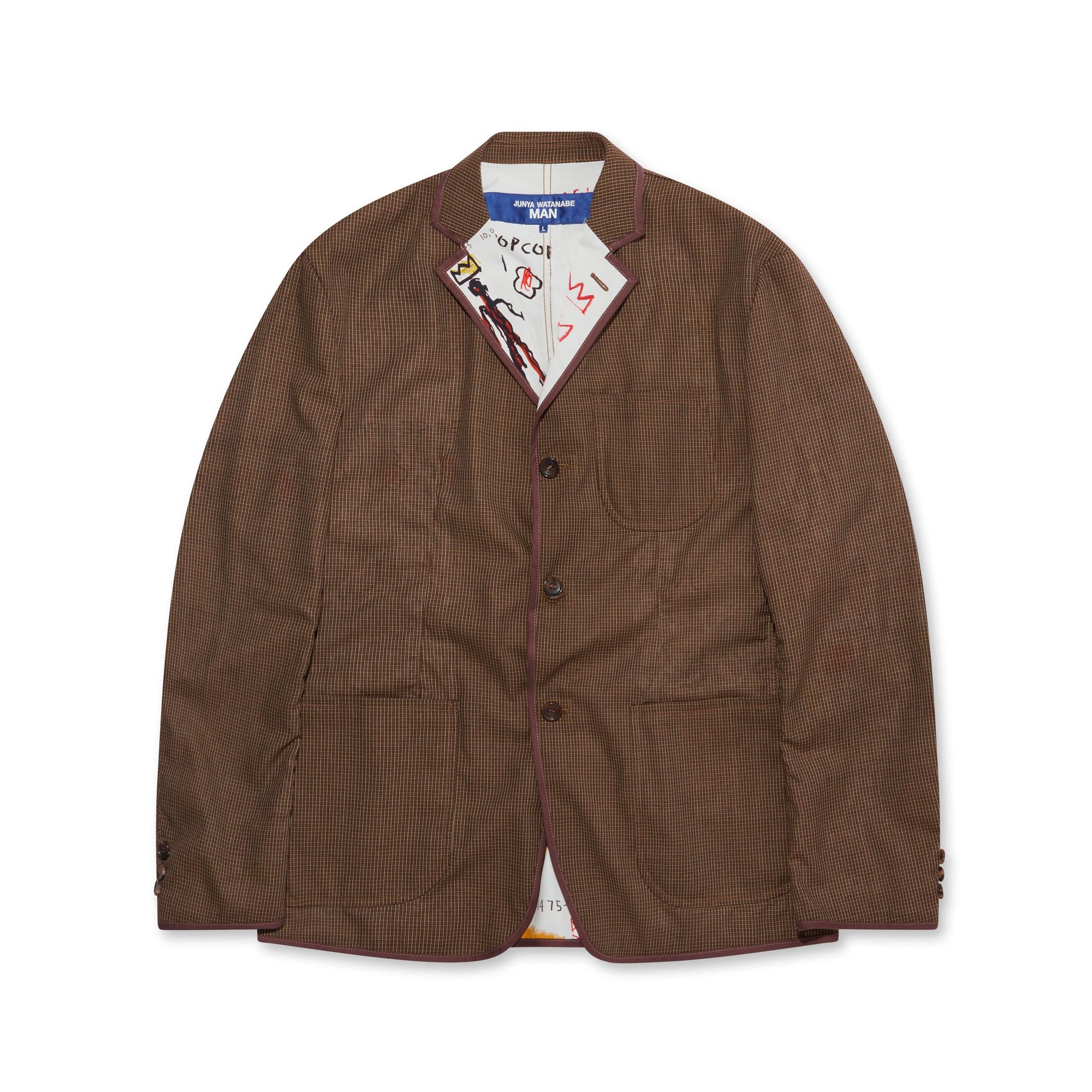 Junya Watanabe MAN - Jean-Michel Basquiat Polyester Wool Check Jacket - (Brown) view 1, Click to Zoom in
